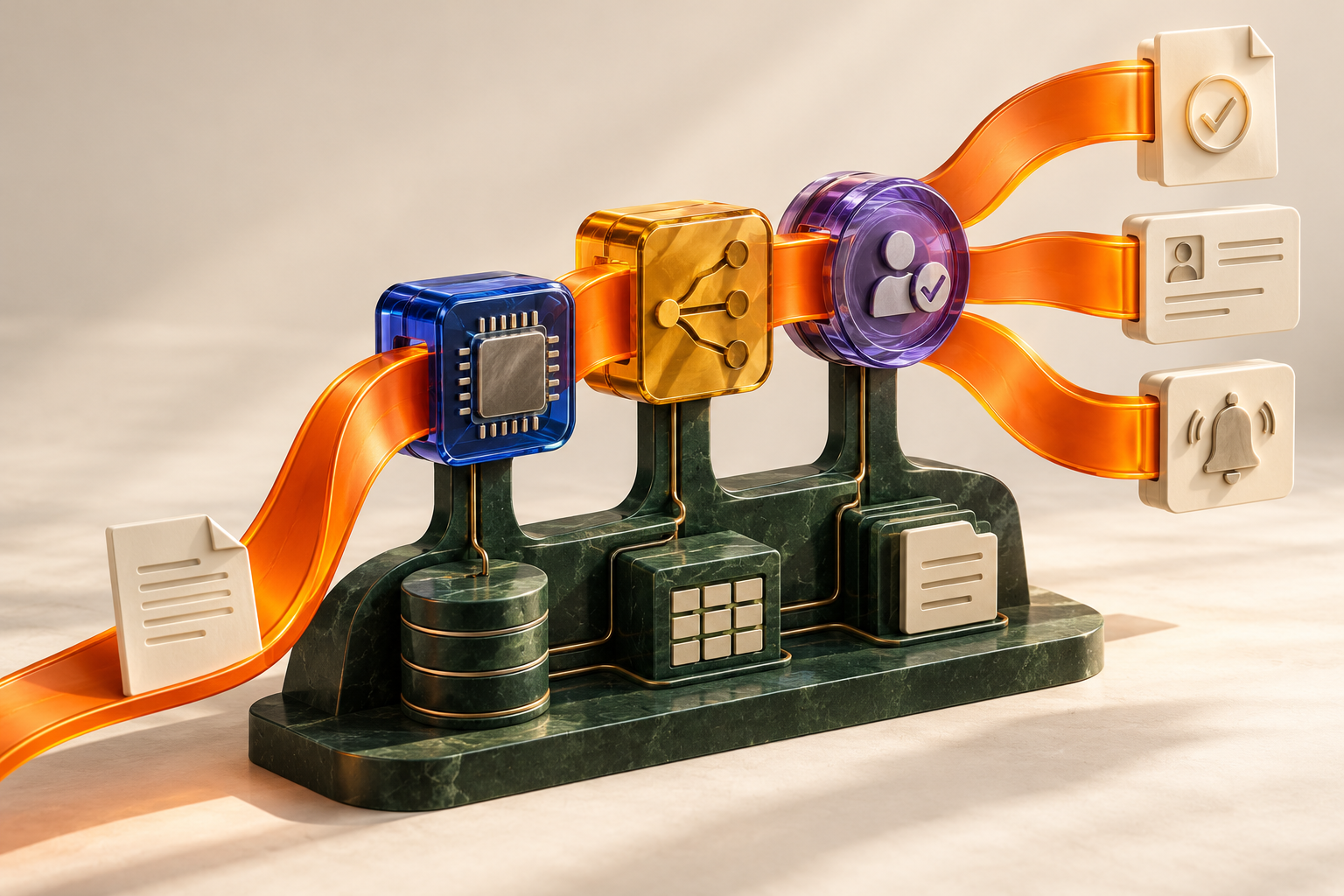 An orange flow passes through blue AI, amber rules, and violet human judgment, branching into completed work above a green foundation of existing systems.