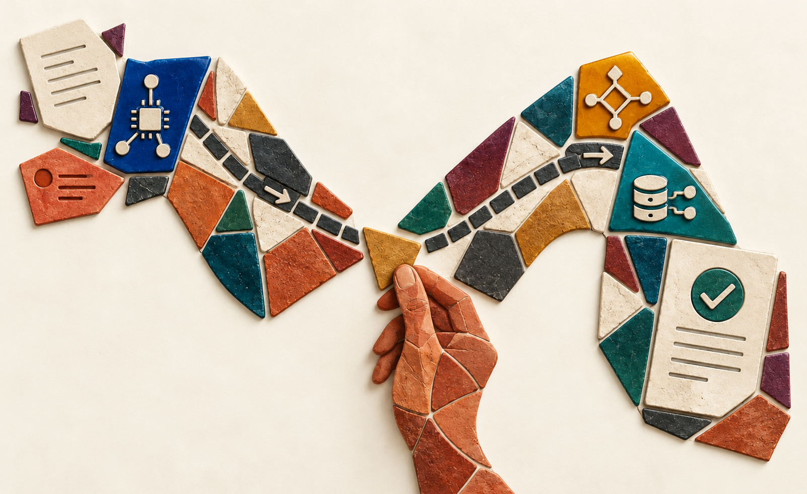 Colourful ceramic and stone pieces form an M-shaped workflow, connecting agents, rules, systems, and human judgment.